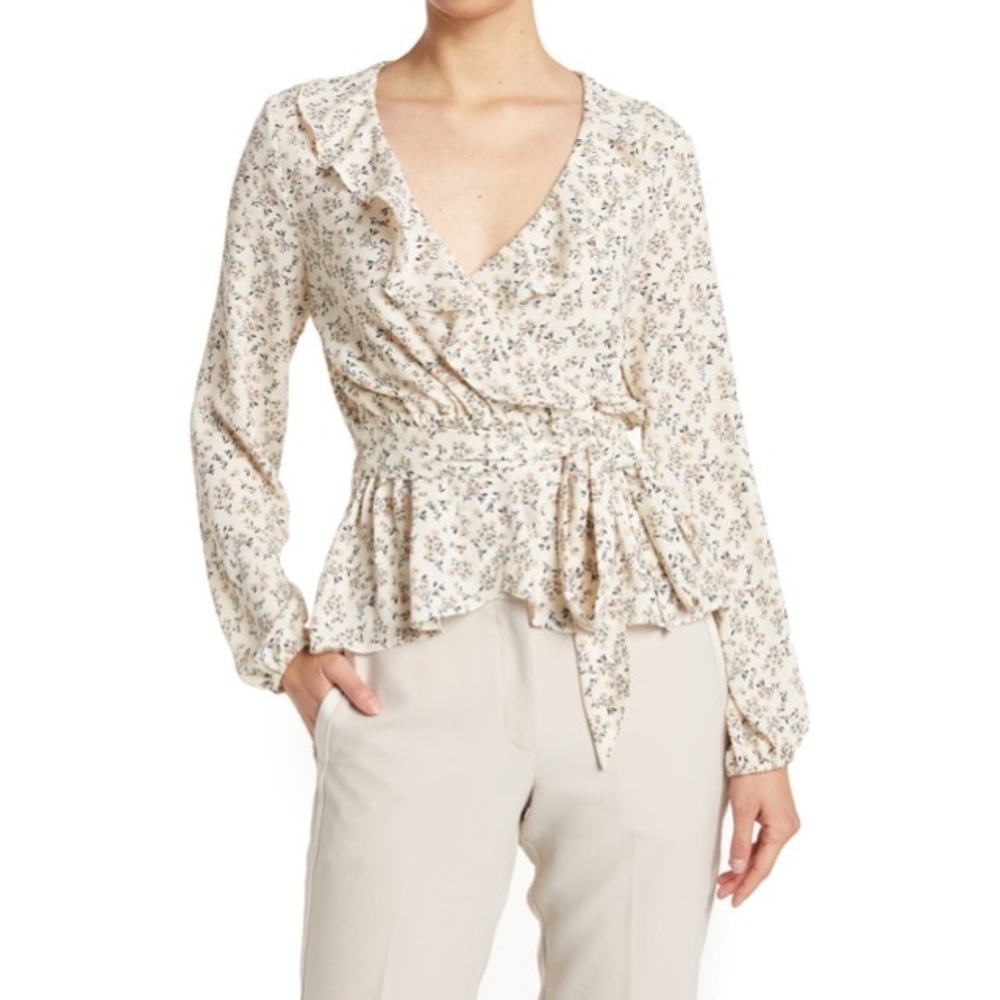Max Studio Cream Floral Ruffle Tie Wrap Peplum Blouse XS